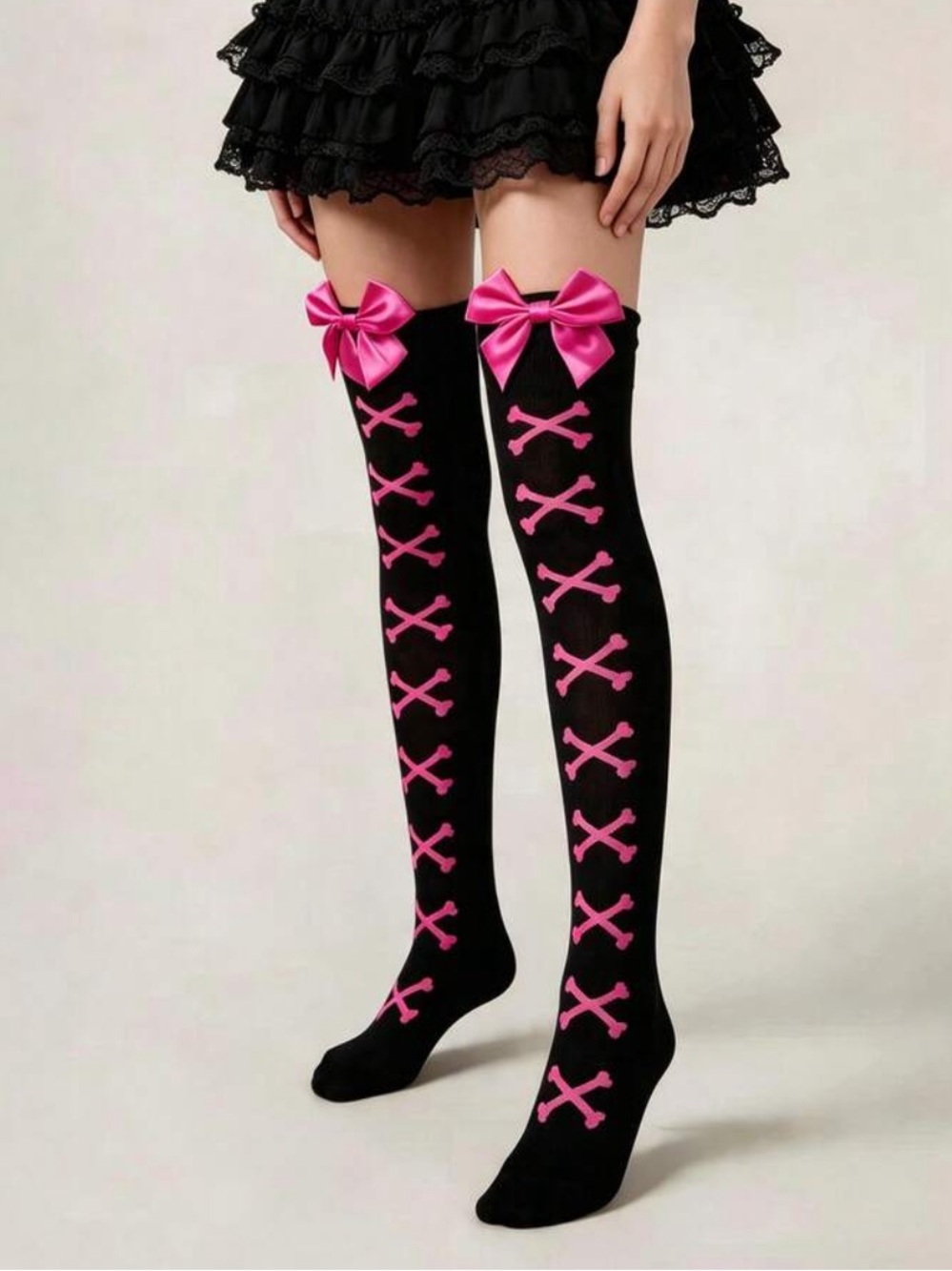 Black Thigh-High Socks with Pink Bows and Cross Stitch